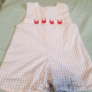 Petit Bebe Smocked Plaid Embroidered Crab Shortalls Romper